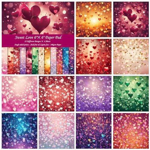 ZAKHSE Motivpapier Valentinstag, 48 Blatt Designpapier Farbig Liebe Herz Motive 15,2x15,2cm Einseitig Bedruckt Scrapbook Papier, 12 Designs, 160gsm Bastelpapier Muster für Scrapbook Kartenherstellung