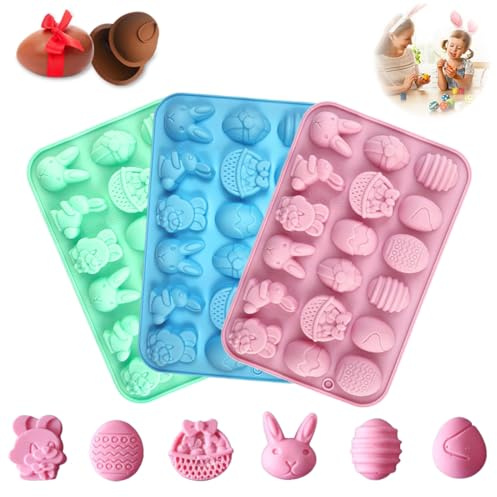 3 Stück Ostern Silikon Schokoladenformen, Ostereier Hase Silikon Schokoladenformen, 18 Hohlräume, Silikon Back Kuchenform, DIY Küchen Süßigkeitenform Fudge KuchenKekse