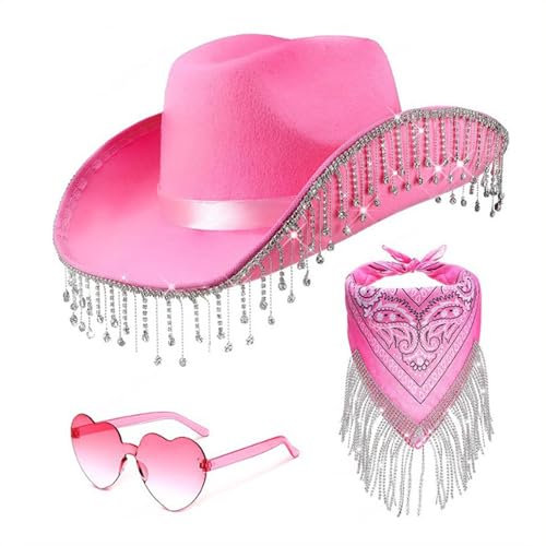 Generisch Rosa Cowboyhut, Cowboy Hut für Damen, Filz Cowboyhut, mit Herz Brille, Rosa Bandana, Cosplay Party Halloween Karneval Kostüm Zubehör Damen KostüMe Karneval KostüM Fasching Damen Sexy