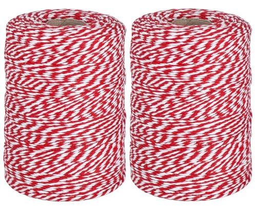 Vivifying Cuerda roja y blanca, 2 piezas de 200 m de cuerda de carnicero de alta calidad para Navidad, manualidades, envoltura de regalos, cocinar carne