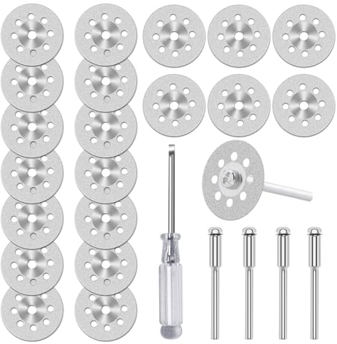 shengbenhao 20pcs Diamant Trennscheiben (22mm) für Dremel Rotationswerkzeug | Mini Diamant Sägeblätter Kreissägeblätter mit 4 Stück 3mm -Schaft für Glas Stein Fliese（Ein Schraubenzieher）