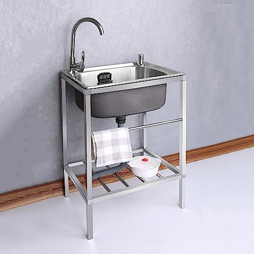 Lavello da Giardino per Esterni, Singolo, Piccolo, in Acciaio Inox, per Cucina Commerciale, con ripiano portaoggetti e Rubinetto, per Ristorante, Bar, Lavanderia, Garage, Cortile.