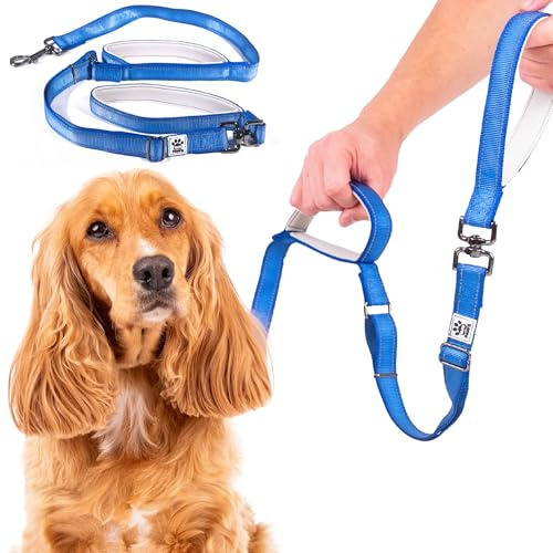 Elite Paws® UK Double Handle Dog Lead, Padded Training Leash (Blue) | Two Padded Handles, Anti-Twist Swivel, Reflective Stitching, Metal Fittings, Adjustable Length, For Dogs Up to 30kg