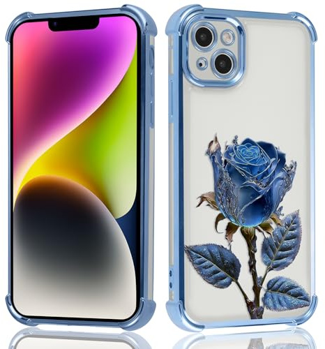 Knrlqim Custodia per iPhone 14 / iPhone 13 6,1, Aesthetic Fiori Rose Blu Disegni Motivo Cover, Trasparente Blu Galvanizzazione Morbido Antiurto Resistente Protettiva Case con Protezione Fotocamera