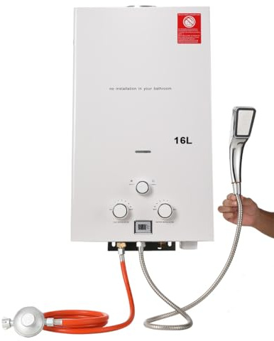 TABODD 16L 32KW Gas Durchlauferhitzer mit Gasdruckregler, Propangas Campingdusche für Dusche im Außenbereich Dusche Bad Warmwasser Camping Dusche Warmwasserbereiter mit CE-Zertifizierun, weiß