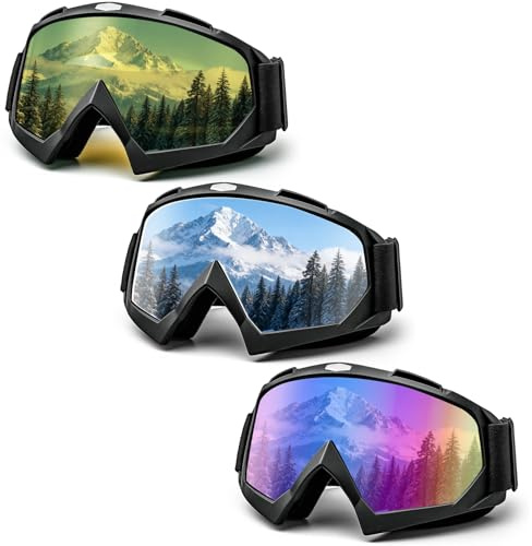 Skibrille, 3er-Pack, Snowboardbrille für Herren, Damen und Kinder, Ski-, Snowboard- und Motorradbrille für junge Erwachsene, bunt + silber + gelb