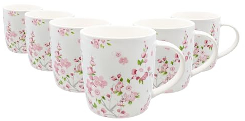 Nicola Spring 350ml Simply Home Stoneware Mugs - White Floral - 6X Large Reusable Cute Ceramic Coloured Coffee Latte Hot Drinks Tea Cups Set with Handle | Gifts for Men & Women