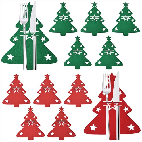 Qzakce Besteckhalter Weihnachten 12 Stück Weihnachtsbaum Bestecktasche Filz Besteckbeutel für Weihnachtsfeiern Festliche Abendessen Tischdeko (Rot, Grün)