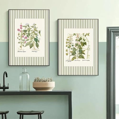 Baibexing Póster Floral Botánico Tropical Con Helechos Antiguos De Rayas Verdes, Impresiones En Lienzo, Arte De Pared Para La Decoración Del Hogar De La Sala De Estar 50X70Cmx2Pcs Sin Marco
