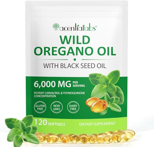 Capsules d'huile d'origan, 2 en 1 6000 mg huile origan avec huile de nigelle 200 mg, oil of oregano avec 165 mg de carvacrol, antioxydant et soutien immunitaire | Végétalien et non-GMO, 120 capsules