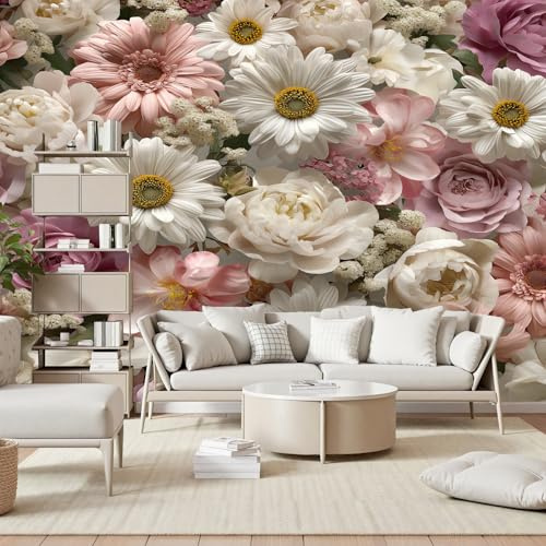 Gaqinhh Marguerites Blanches Papier Peint Panoramique, Pivoines Roses Style Pastoral Papier Peint Intissé, Tapisserie Murale Cuisine Salle de Bain, Décoration Murale Chambre, 150 x 105 cm
