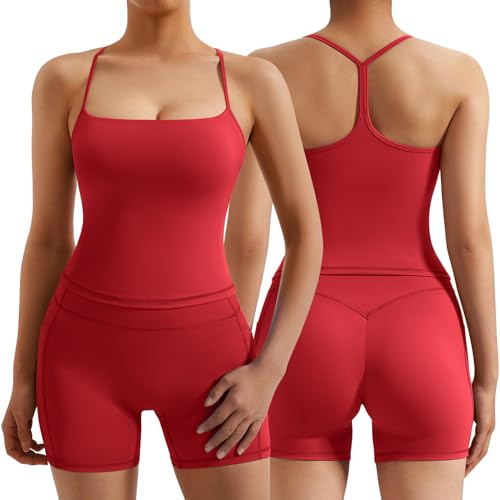 RXRXCOCO Racerback Sport Sets für Damen 2 Teilige Gepolsterte Tank-Tops mit Versteckten Scrunch Shorts Fitness Outfits mit Taschen