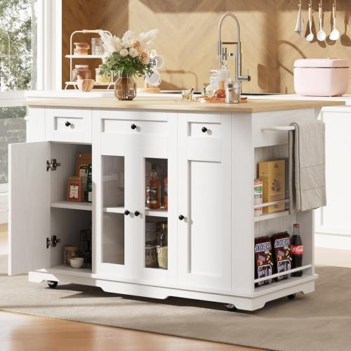 Merax Kitchen Island on wheels,Kitchen Storage Cabinet Trolley with Drop-Leaf Worktop,3 Drawers&4 Doors,Side Spice Racks,Towel Rack,151.5x60x91.7cm/White
