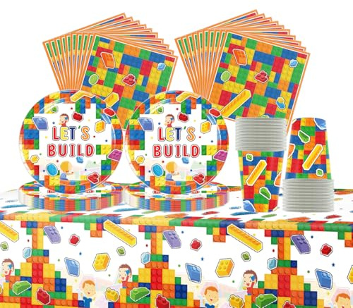 Fuwraixis Blocchi di Costruzione Stoviglie per feste, Stoviglie per compleanni per bambini, mattoncini da costruzione Set di piatti di carta per feste, Compresi bicchieri, tovaglioli e tovaglie