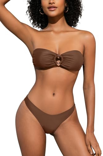 SHEKINI Traje de baño de dos piezas para mujer, con anillo en O, sin tirantes, bikini bandeau para mujer con parte inferior sexy de corte alto y atrevido, traje de baño brasileño de playa
