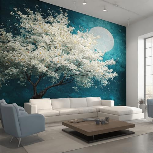 Generisch Vlies Fototapete Magnolien Baum 150x105 cm, Tapete Türkis Weiß Tapeten Vliestapete Wohnzimmer Ölgemälde Pflanzen Schlafzimmer Wandtapete Ornamente Mustertapete W&66