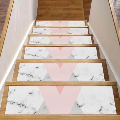 Eslifey Tappetini per scale in legno con stampa effetto marmo bianco, confezione da 15 pezzi, 76,2 x 20,3 cm, antiscivolo, per interni, per cani, bambini, anziani, con adesivo riutilizzabile