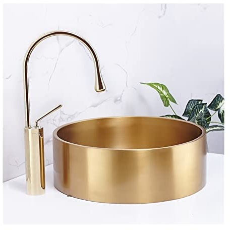 Juego de fregadero redondo de acero inoxidable dorado con grifo para lavabo y tocador