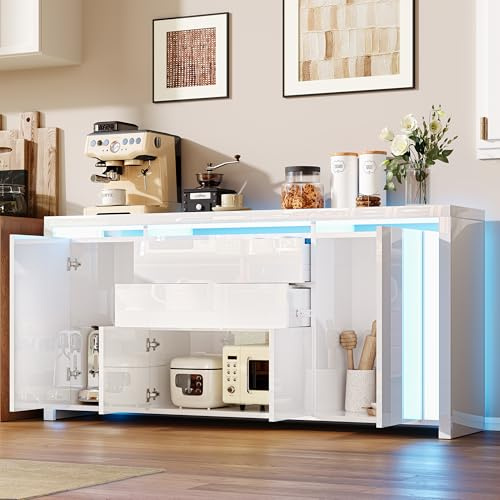 Buffet de Salon Moderne 160x35x75 cm avec LED, Meuble de Rangement avec 2 Tiroirs et 4 Portes, Buffet Brillant Moderne Commode Salon Brillant Buffet Salle à Manger et Cuisine (Blanc-2, 160x35x75)