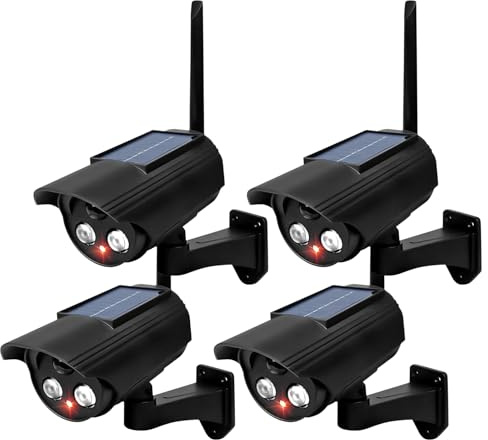 4 cámaras falsas para exteriores con luz LED intermitente, falsa cámara de seguridad para garajes, patios traseros, puertas de casa
