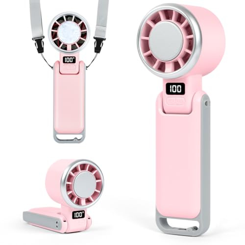 AUAUY Mini Ventilatore Turbo, 5 Velocità, 4-in-1 con Refrigerazione, Rosa | USB Ricaricabile, Ventilatores Pieghevole a 180°, LED Display, per Viaggi, Sport, Ufficio