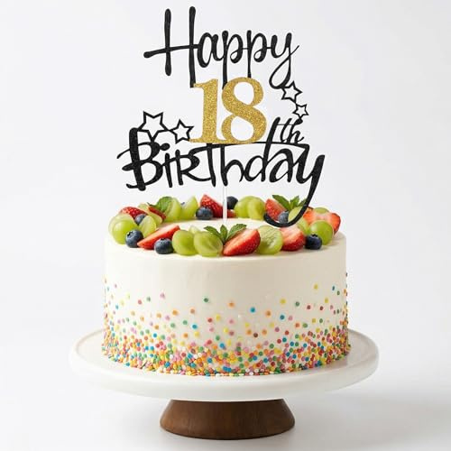 18th Birthday Cake Topper,Black Gold Glitter 18th Cake Decorations,Happy 18 Years Cake Toppers for Boys Girls,Personalised Birthday Party Cakes Pick 18 Fabulous for Cupcake Desserts Pastries Supplies