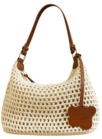 HTTDSLF Sac Fourre Tout en Maille Au Crochet, Beige Sac de Plage au Crochet pour Femme Vintage, Sacs à Bandoulière en Maille Filet Léger Style Bohème, idéal pour La Plage, Les Courses et Le Quotidien