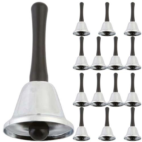 Kisangel 15 campanillas de mano de acero ruidosas, campanillas de metal para servicio de restaurante, timbre de llamada de metal con asa para fiestas de Navidad y recepciones de bodas.