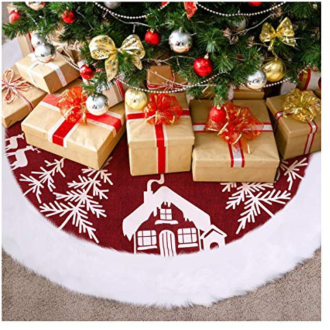 VOSAREA Weihnachtsbaum Rock Weihnachtsbaumdecke Rund Weihnachtsbaum Decke Groß Fell Christbaumdecke Christbaumständer Teppich Baumdecke Weihnachtsbaum Deko,48 Zoll, Rot