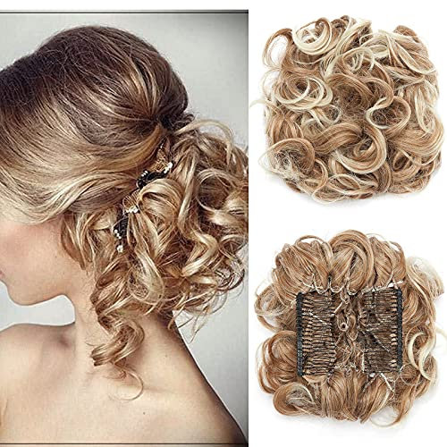 SEGO Chignon Capelli Finti Ricci Clip Pettini Extension Coda di Cavallo Updo Hair Bun Elastico Accessori Donna Toupet 90g - Castano Ramato Chiaro mix Biondo Chiarissimo