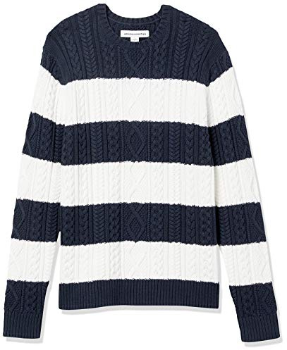 Amazon Essentials Men's Long-Sleeve 100% Cotton Fisherman Cable Crewneck Jumper, Navy White Rugby Stripe, L