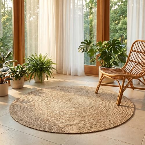 Jute Braided Area Rug, Natural - 4 Feet Round, Boho Neutral Rattan Circle Hand Woven Rugs for Living Room, Bedroom, Nursery, Kitchen, Indoor Use | Farmhouse Rustic Patio Floor Mat for Home Décor