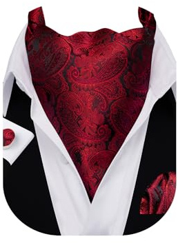 Barry.Wang Men Paisley Cravats Self Tie Set Solid color Silk Ascot Tie & Pocket Square Cufflink Set Party Classic Floral Wedding Business