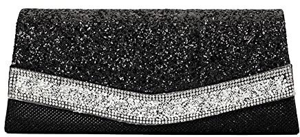 MEGAUK Damen Clutch Glitzer Elegant Abendtasche Glänzend Handtasche Envelope Tasche Strass Unterarmtasche mit Kette für Hochzeit Wedding Prom Party, Schwarz