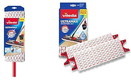 Vileda Bodenwischer, Microfaser, rot/weiß, 7 x 14 x 105 cm & Ultramax Power Wischer Nachfüllpack für Flachbesen, Mikrofaser, weiß/rot, 2 Stück (1er Pack)