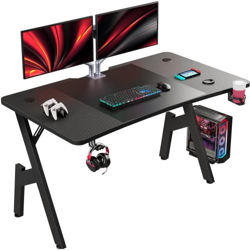 HLFURNIEU Mesa Gaming 120 x 60 cm, Escritorio Gaming Ergonómica, Mesa Gamer de Fibra de Carbono, Mesa para Ordenador con Portavasos y Gancho para Auriculares, Negro