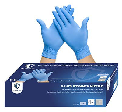 OneProtek Gants jetables en nitrile - Boîte de 100 gants jetables non poudrés - Taille M (Moyenne) - Bleu - Sans latex - Résistants et Protection contre les produits chimiques