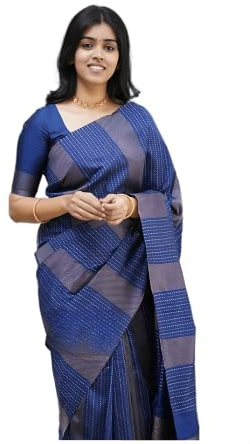 Sidhidata Textile Banarasi - Sari de seda suave para mujer con blusa sin costuras (talla única), C Azul Marino, talla única