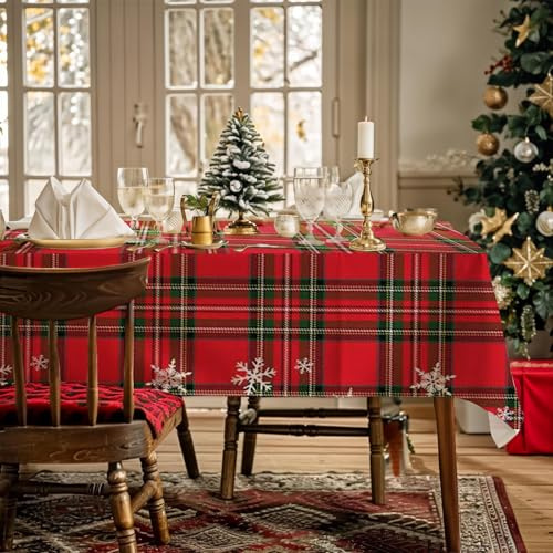 AIBIIN Weihnachtliche Karierte Tischdecke für Familienessen, rotes Schottenkaro Schneeflocken Weihnachten wasserdicht, Tischdecke für Esszimmer, Picknick, Geburtstag, Party, Tischdekoration 132x182cm