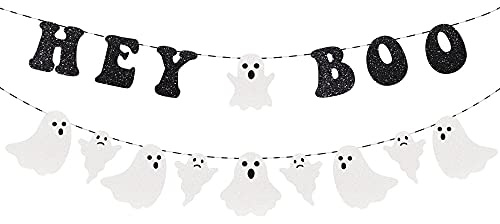 2 Stück Glitzer Halloween Girlande, Hey Boo Flagge, Geist Banner für Halloween Party Garten Outdoor Dekoration (Schwarz)