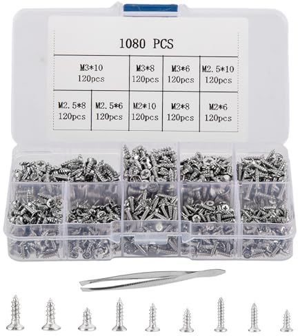 1080 Piezas Acero inoxidable Tornillos Autorroscantes Pequeños, Tornillos para Madera M2/M2.5/M3, Tornillos Autorroscantes de Cabeza Plana 6mm/8mm/10mm para Equipos de Oficina, Muebles de Madera