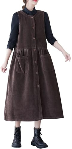 Vardaglig manchesterklänning för kvinnor button-down ärmlös lös mellanlängd lång gunga overall pinafore-klänning med fickor, Brun, L