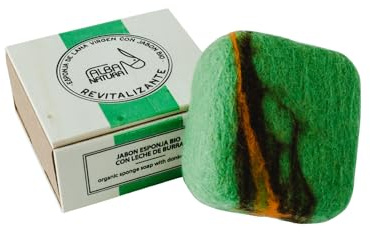 Alba Natura - Esponja de Lana Virgen con Jabón Suavizante - Jabón a Base de Aloe Vera, Bergamota y Leche de Burra - Especialmente para Pieles Grasas o Dañadas - 150g