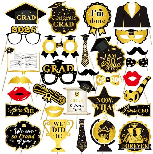 Abschluss Deko 2026, LMSHOWOWO 30 Stück Schwarz Gold Abschlussfeier Foto Requisiten，Graduierung Fotorequisiten für Bachelor Master Fotobox Accessoires Abschluss 2026 Partyzubehör Graduation Geschenk