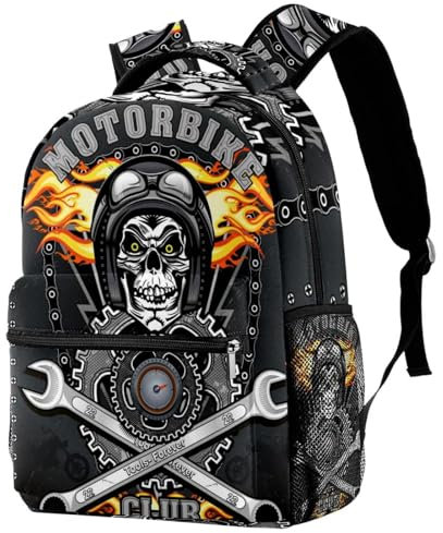 Rucksack, Schultasche, Reisen, lässiger Tagesrucksack für Damen, Teenager, Mädchen, Jungen, Vintage-Motorrad-Totenkopf, multi, 29.4x20x40cm/11.5x8x16 in