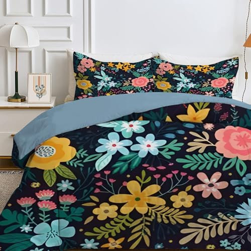 Bettdecke 135x200 4 Jahreszeiten, Wende Bunte Blumen Steppdecke Waschbare, Bettdecke ohne Bezug Nutzbar, Leicht Weiche Schlafdecke 200GSM, Ganzjahresdecke Schwarz mit 1 Kissenbezug (ohne Kissen)