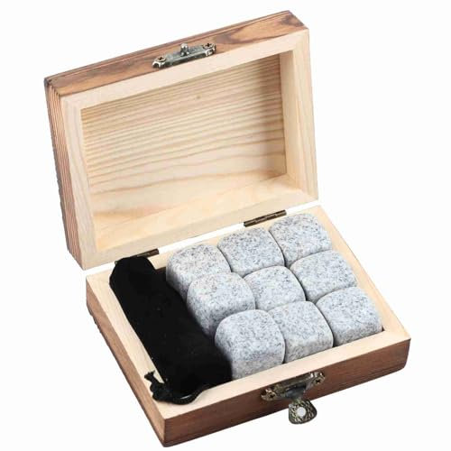 Hielo Piedra para whisky 9 Piedras refrigerantes de granito No se derriten Conservan el sabor Ideal para cerveza, vino y cócteles, Elegante en caja de madera (sésamo blanco)