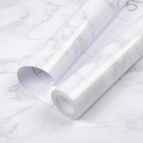 Hode Klebefolie Möbel Möbelfolie Selbstklebend Folie Tapete | 40x600cm Klebefolie Weiß Marmoroptik Küchenfolie Klebetapete Wandfolie Fensterbank Folie für Möbel Selbstklebende Tapete