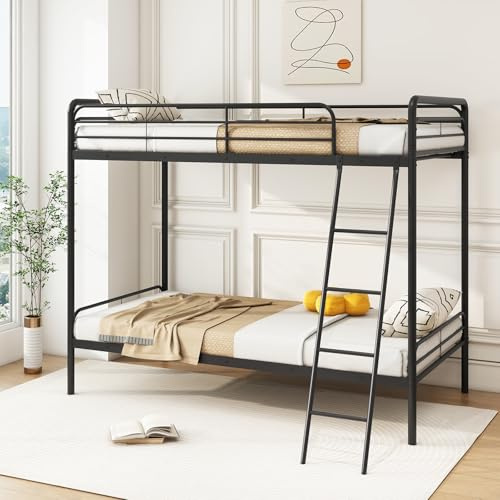 GIANTEX Metal Bunk Bed Twin Over Twin, Heavy Duty Twin Bunk Beds with Inclined Ladder & Safety Guardrails, Under-Bed Space, Space Saving Bunk Bed for Kids Teens & Adults, No Box Spring Needed, Black
