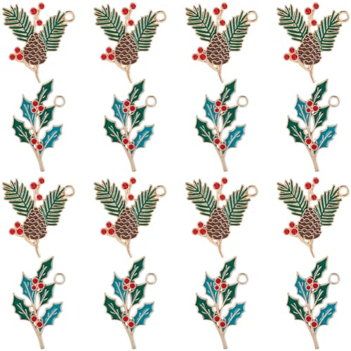 SUNNYCLUE 1 Box 28 Stück Weihnachts Emaille Anhänger Tannenzapfen Anhänger Weihnachtsblätter Tannenzapfen Anhänger Weihnachts Emaille Anhänger Aus Legierung Zur Schmuckherstellung Anhänger Ohrringe Ha